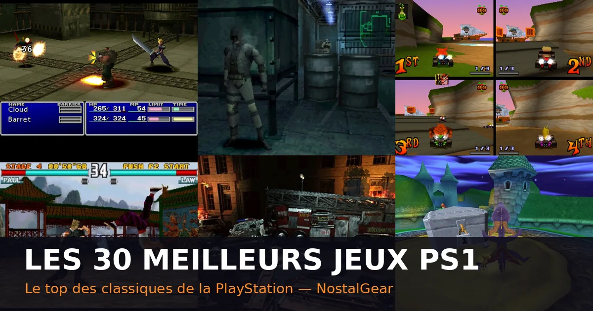 Mosaic of the best PS1 games: Final Fantasy VII, Metal Gear Solid, Crash Team Racing, Tekken 3 and Spyro
