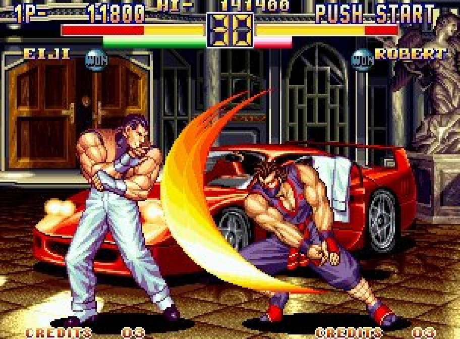 Ryo launches an energy attack near a red car in Art of Fighting 2 on the Neo Geo