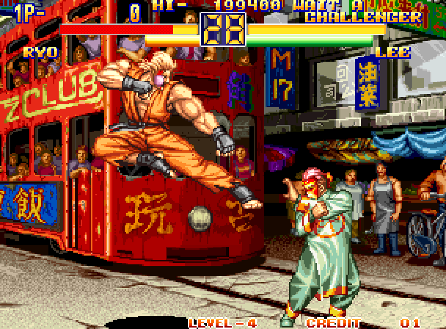 Ryo Sakazaki faces an opponent in front of a tram in Art of Fighting 2 on the Neo Geo