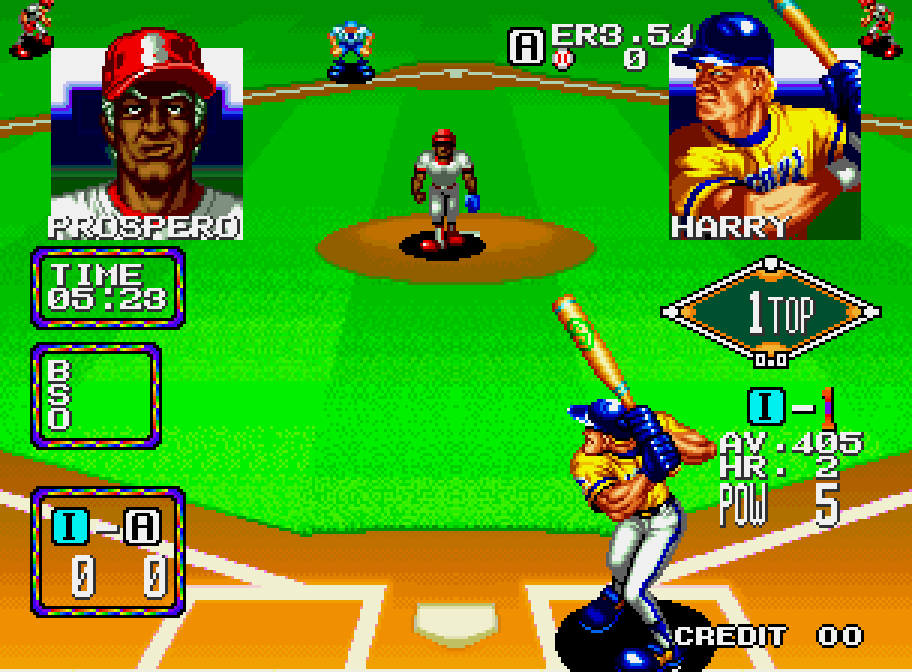 A batter prepares against the pitcher in Baseball Stars 2 on Neo Geo