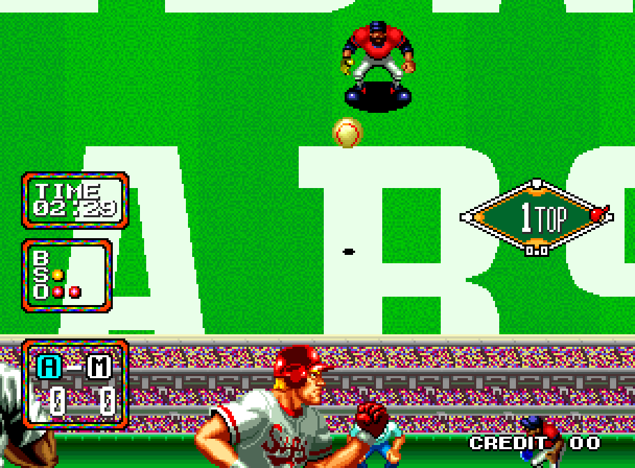 A field player runs under a high ball in Baseball Stars 2 on Neo Geo