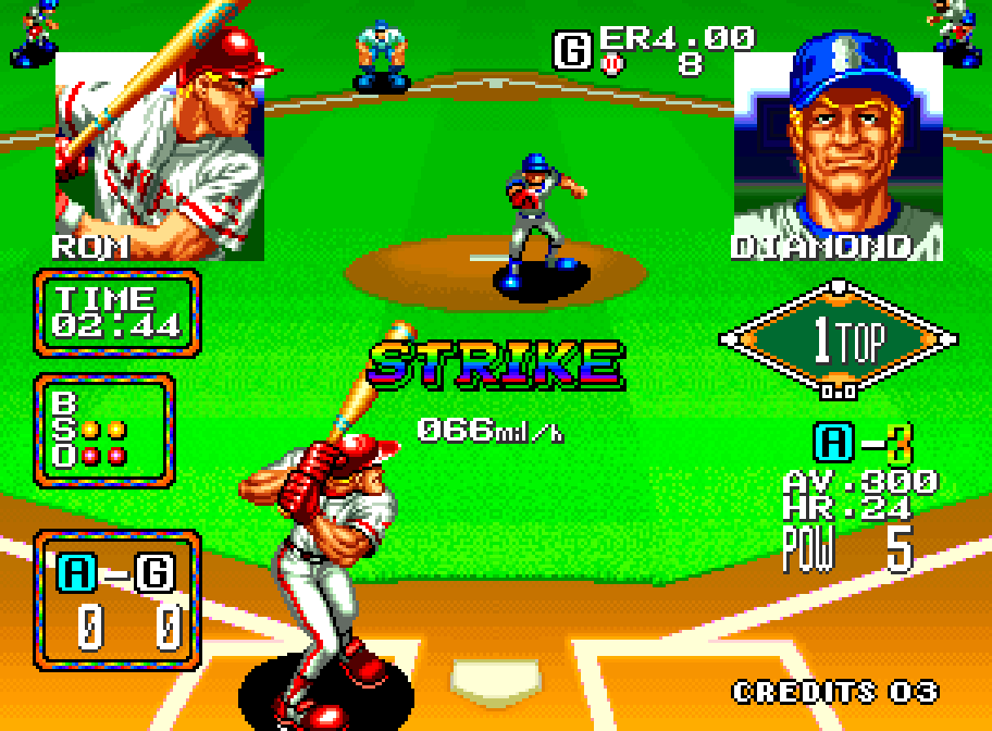 A «Strike» appears in front of the batter in Baseball Stars 2