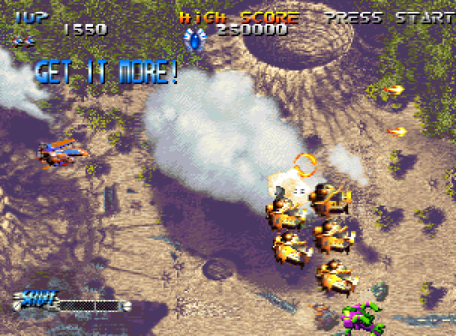 The ship flies over a desert between the clouds in Blazing Star