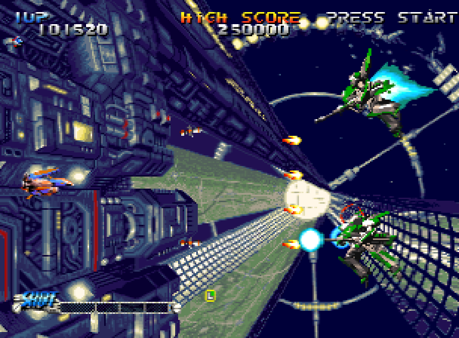 Combat in space under a barrage of gunfire in Blazing Star on the Neo Geo