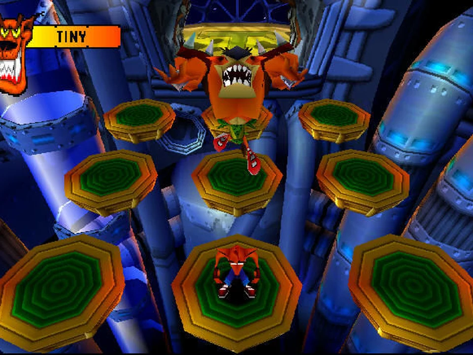 Crash jumps from platform to platform against the boss Tiny Tiger in Crash Bandicoot 2 on the PS1