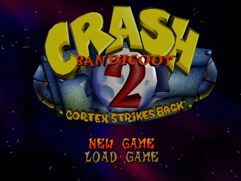 Title screen of Crash Bandicoot 2: Cortex Strikes Back on PS1