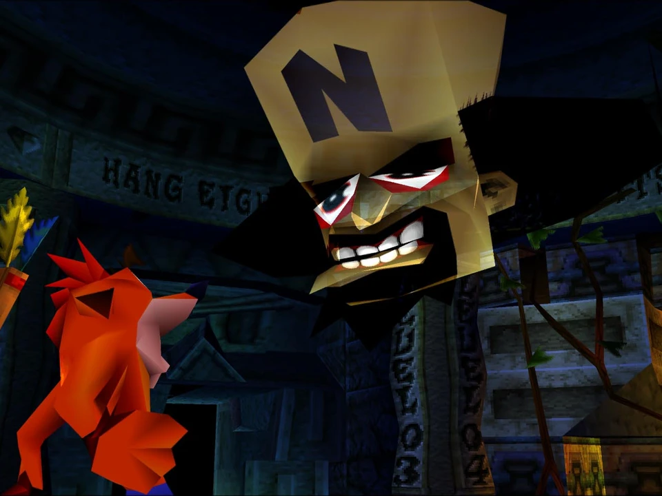 Dr. Cortex's giant hologram addresses Crash in the Warp room of Crash Bandicoot 2