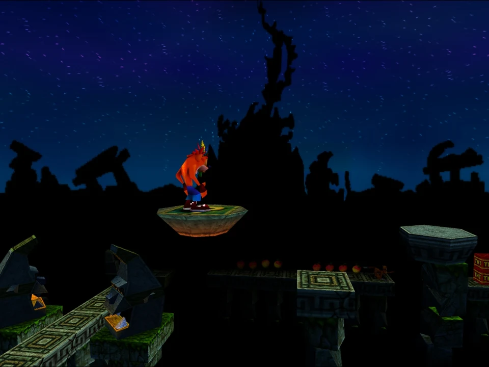 Crash in a night level with dark silhouettes in Crash Bandicoot 2 on PS1