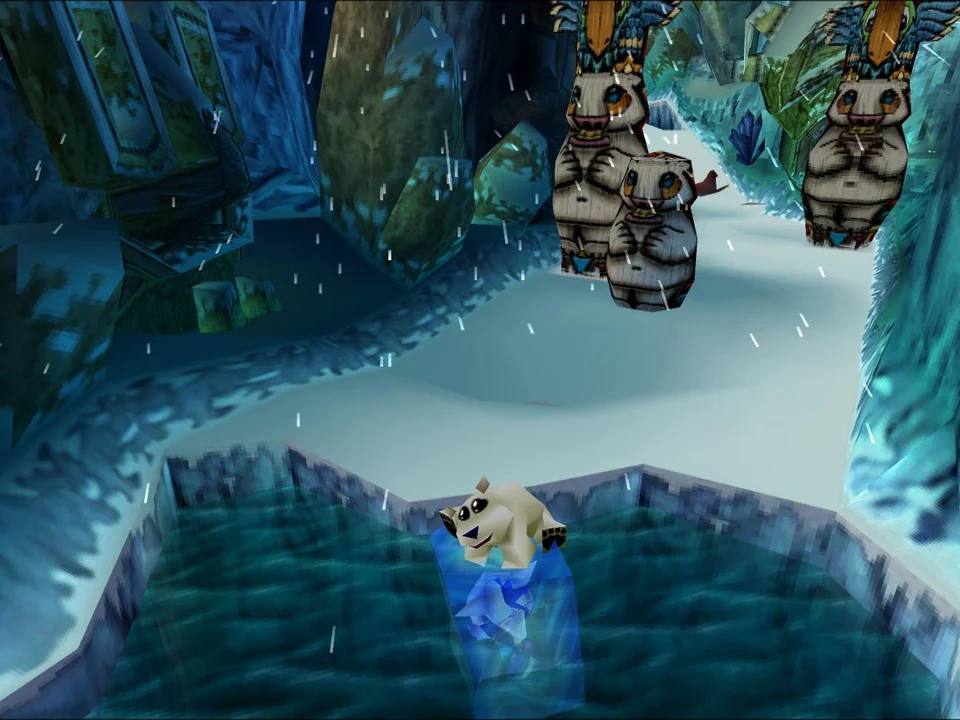 Crash crosses a frozen river between snowy cliffs in Crash Bandicoot 2