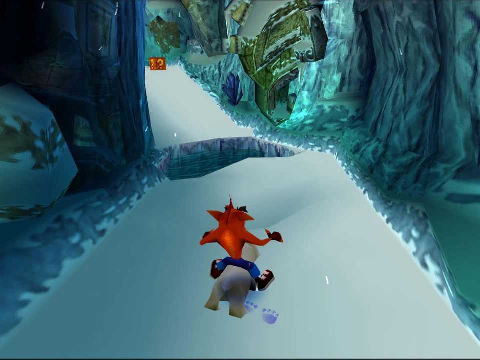 Crash crashes into Polar, the polar bear, in a tunnel of ice in Crash Bandicoot 2 on PlayStation