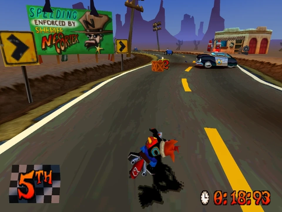 Motorcycle crash on an American road in the 1950s in Crash Bandicoot 3