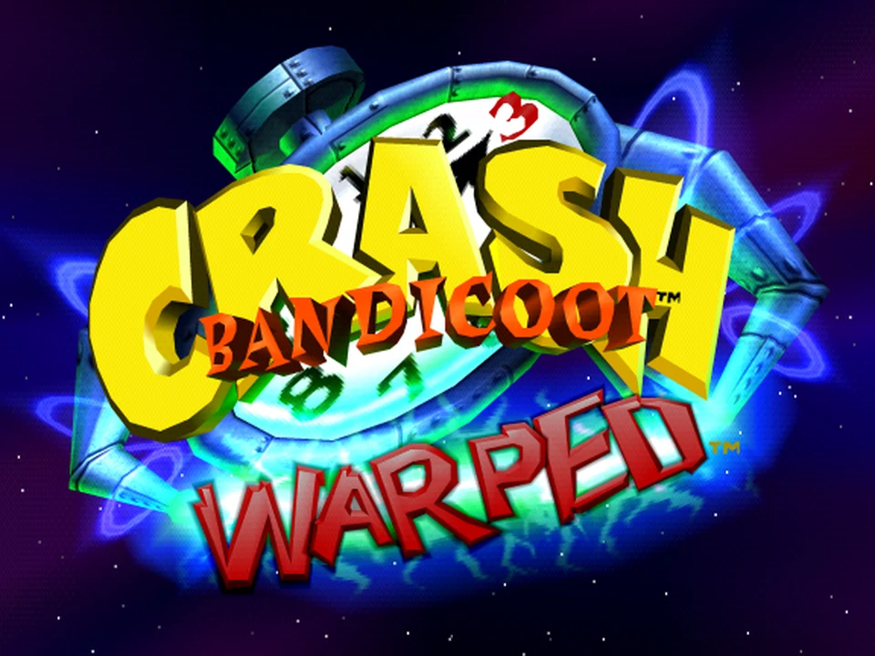 Logo of Crash Bandicoot 3: Warped on the title screen of the PS1 version