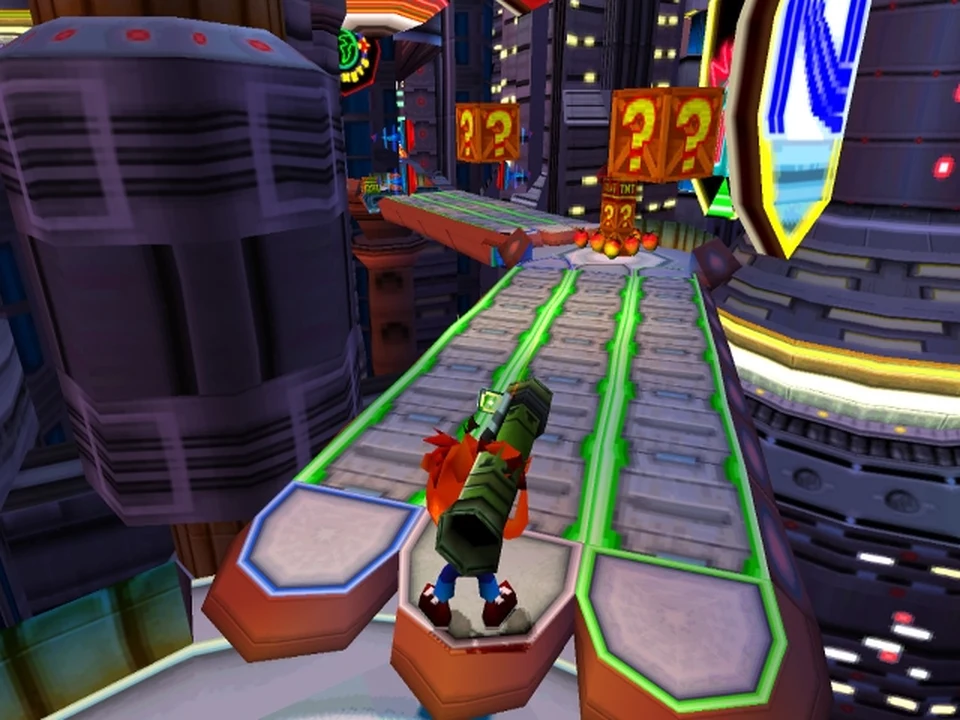 Crash in a futuristic city full of neon lights in Crash Bandicoot 3: Warped on PS1
