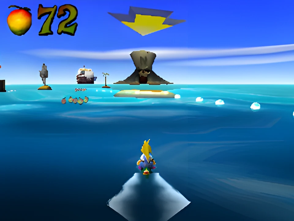 Coco rides a jet ski on the sea in Crash Bandicoot 3: Warped on the PS1