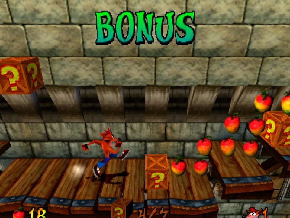 Crash collects Wumpa fruits in a bonus level of Crash Bandicoot 3: Warped