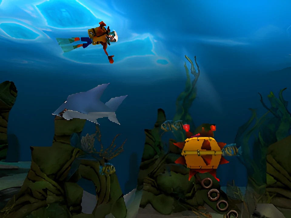 Crash swims with scuba gear near a shark in Crash Bandicoot 3: Warped