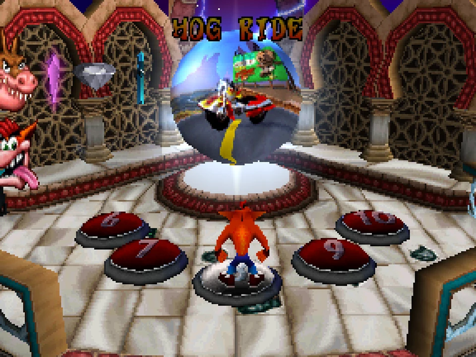 Crash in the center of the Time Twister, the time-traveling machine from Crash Bandicoot 3