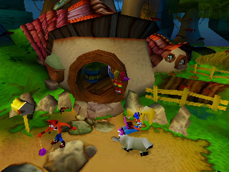 Crash in a medieval village of wooden houses in Crash Bandicoot 3: Warped