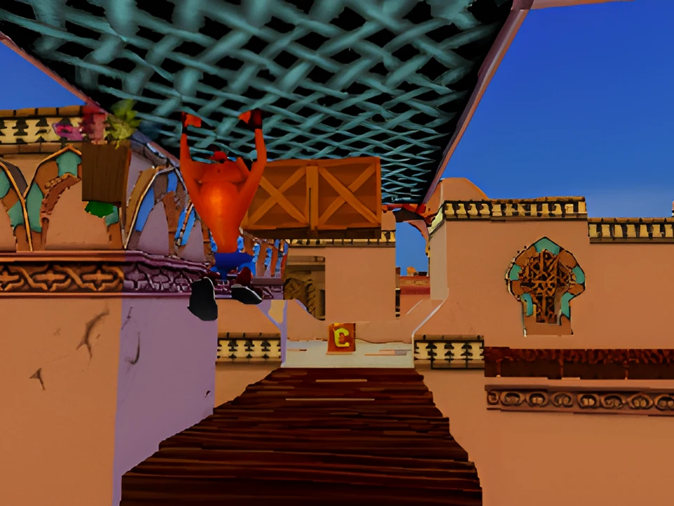 Crash suspended over the rooftops of an Arab city in Crash Bandicoot 3: Warped