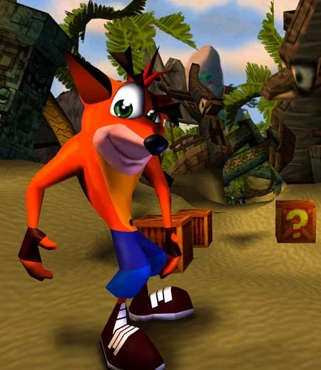 Illustration of Crash Bandicoot standing in the jungle, taken from the first game in 1996