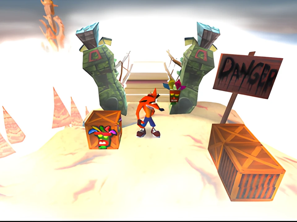 Crash near a Danger sign and crates in a foggy level of Crash Bandicoot on PS1