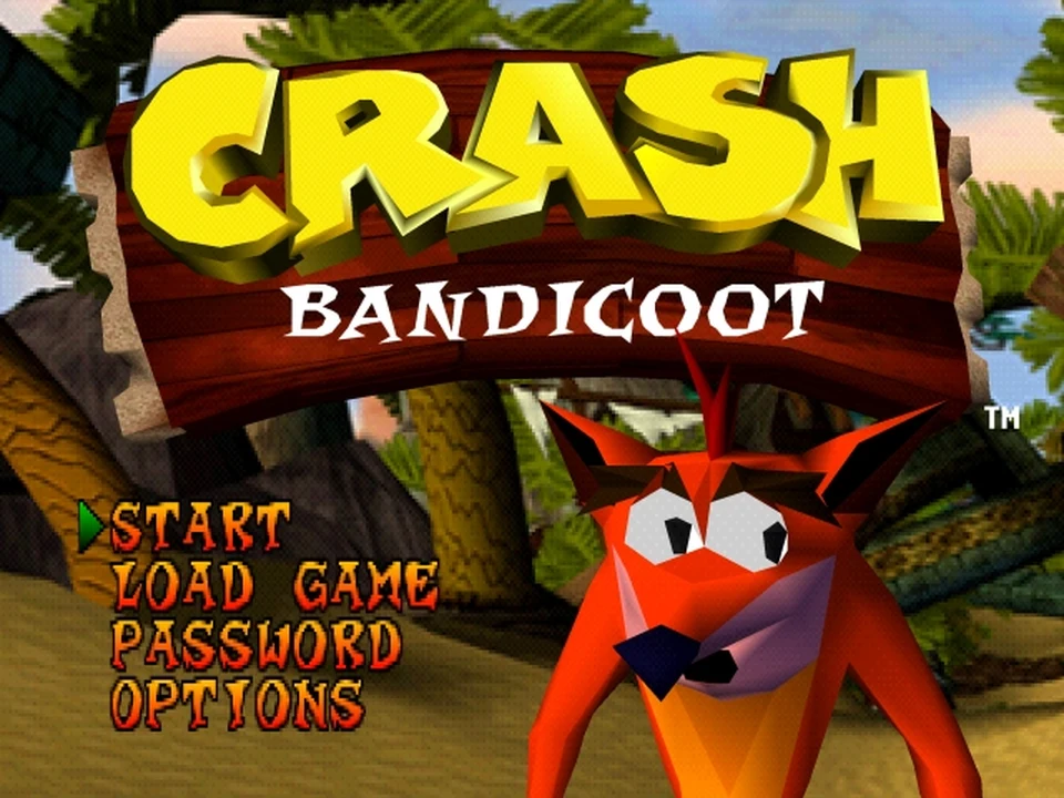 Title screen of Crash Bandicoot on PS1 with Crash and the orange logo