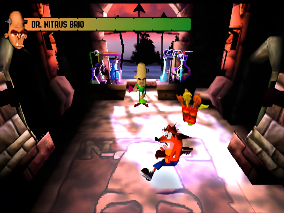 Crash in the Nitrus Brio lab during the Crash Bandicoot boss fight