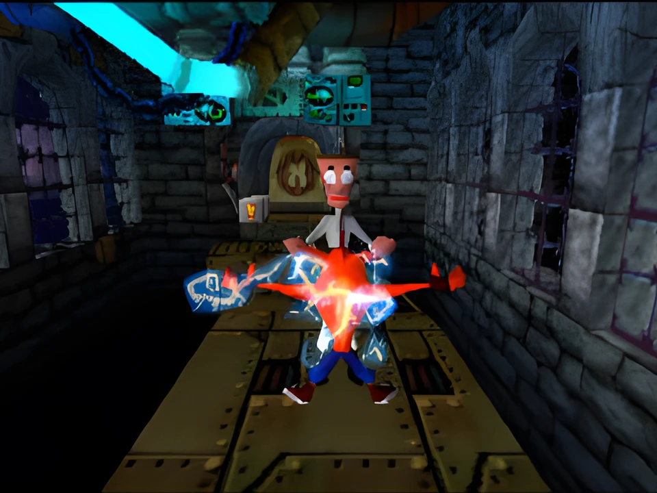 Electrocuted by a trap in a stone hallway in Crash Bandicoot on PS1