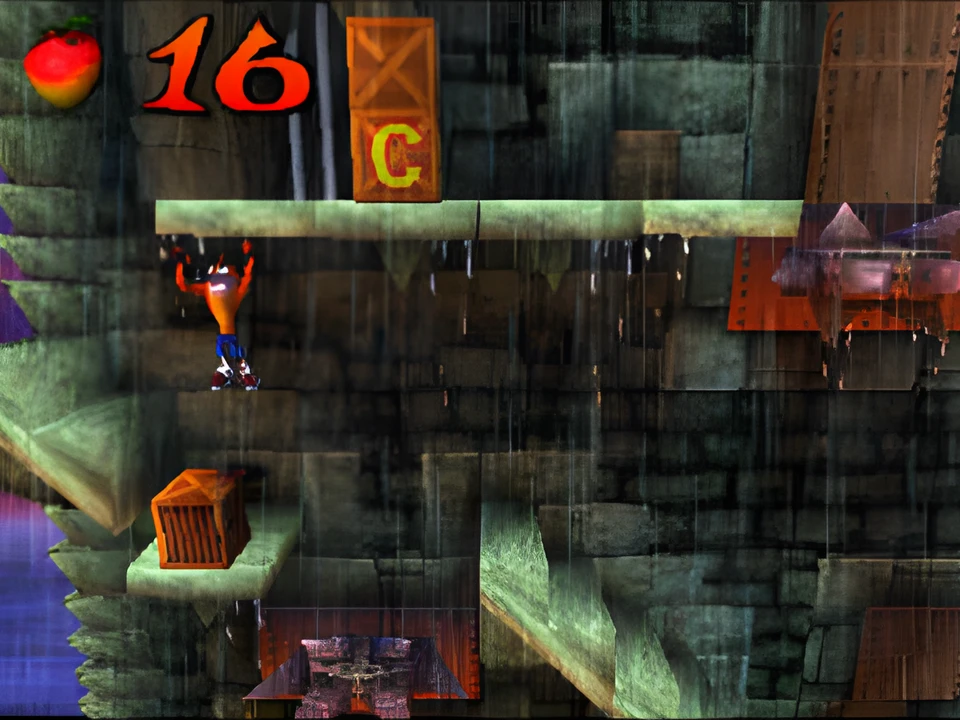 Crash climbs over stone ruins in the rain in Crash Bandicoot
