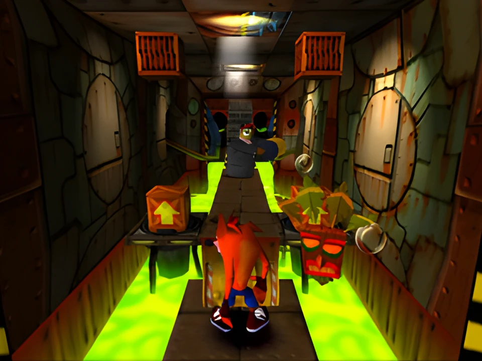 Crash advances in a factory with piles of green waste in Crash Bandicoot
