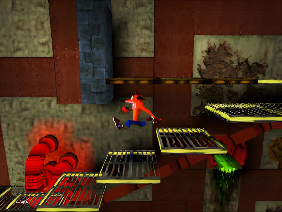 Crash jumps from platform to platform over toxic waste in Crash Bandicoot