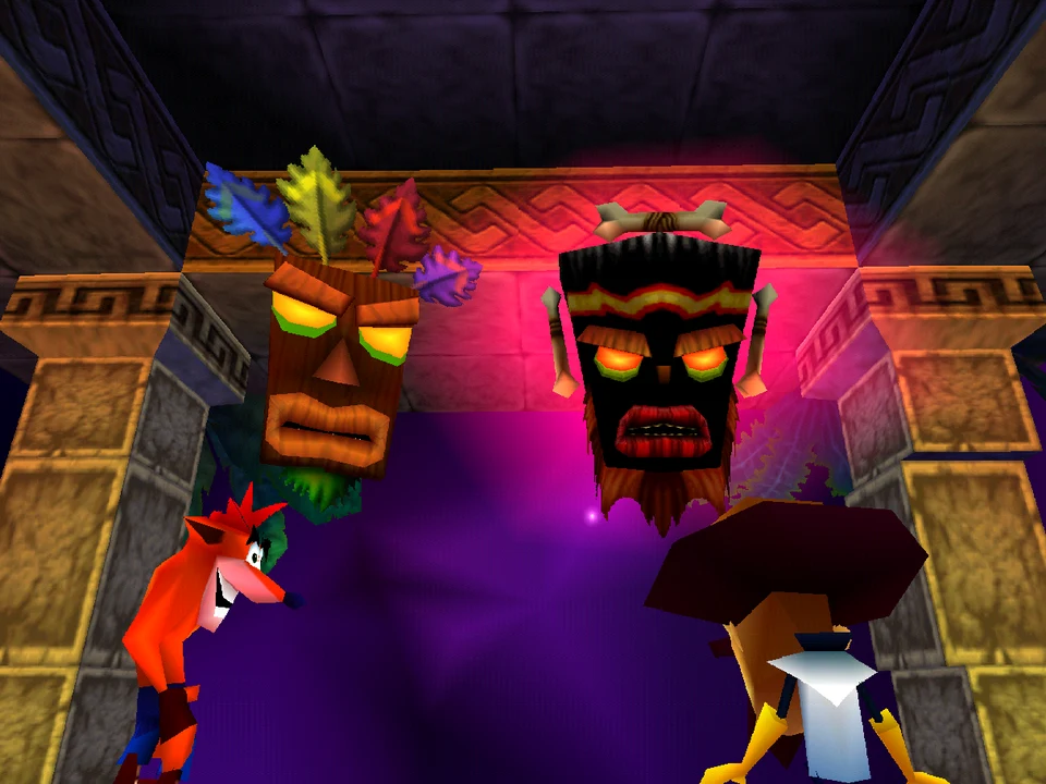 Crash between Aku Aku and Uka Uka in Crash Bash