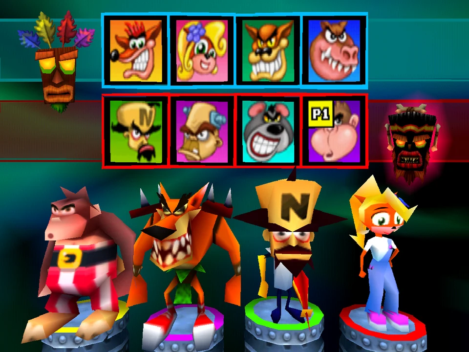 Screen showing the selection of the eight characters in Crash Bash with Crash, Cortex and Coco