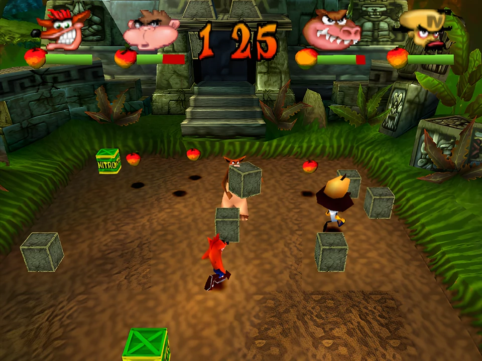 Four characters throw crates into a jungle arena in Crash Bash