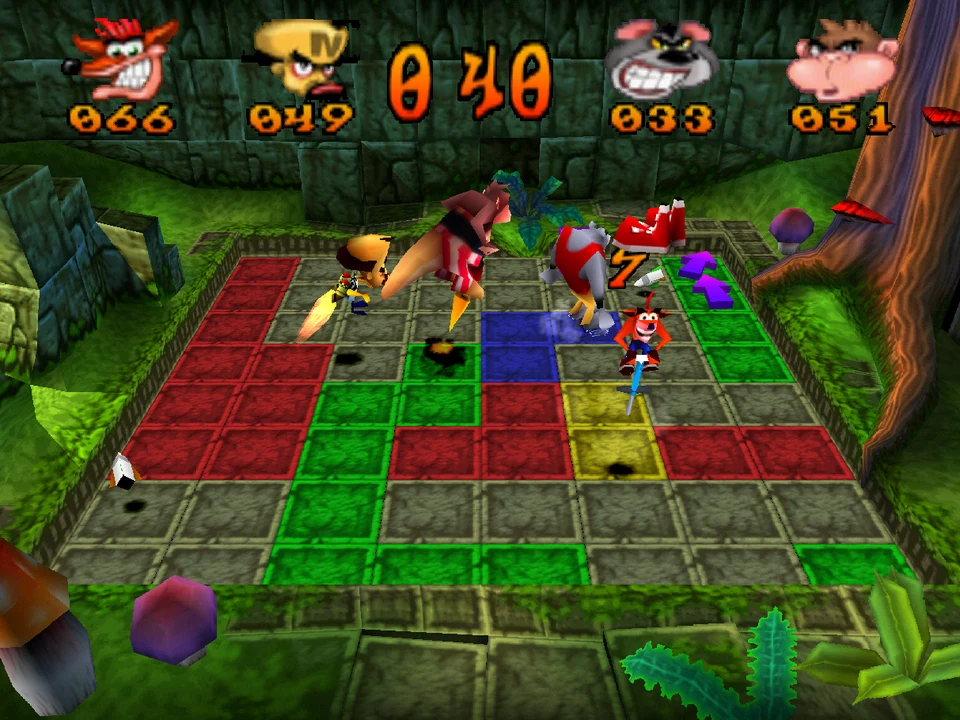 Four players repaint the tiles in their color in a Crash Bash competition