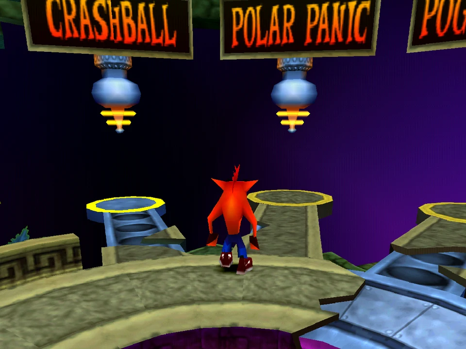 Crash in front of the doors of the Crashball and Polar Panic trials in the Crash Bash hub