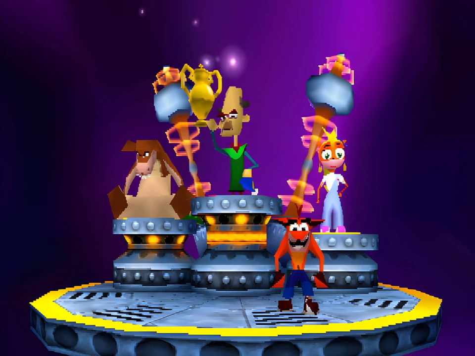 Crash and his rivals on the podium of the winners with the trophies in Crash Bash