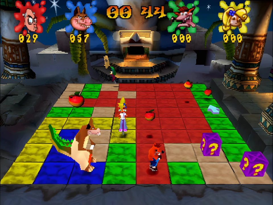 Colored tile challenge in a jungle temple in Crash Bash on PS1