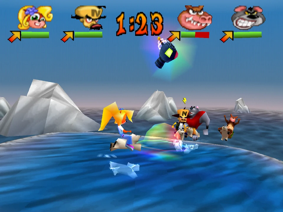The characters clash with polar bears on the ice floe in Crash Bash