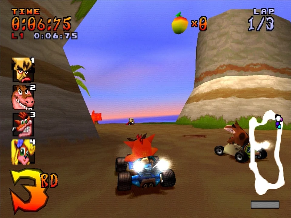 Crash in third position in a rocky canyon in Crash Team Racing