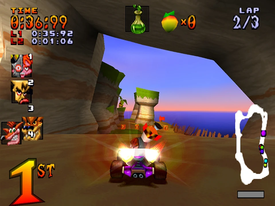 Crash takes the lead in a race in a canyon in Crash Team Racing on PlayStation