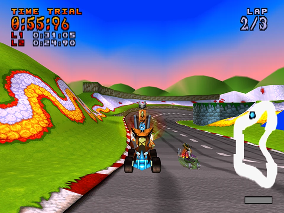Kart racing on a seaside circuit in Crash Team Racing