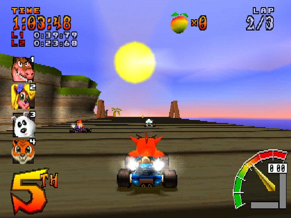 Crash in fifth position on a circuit at sunset in Crash Team Racing
