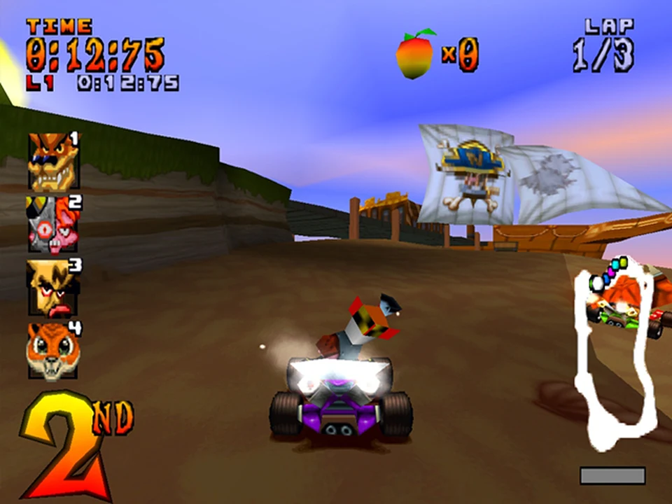 Kart launched on a beach with a pirate boat in the background in Crash Team Racing