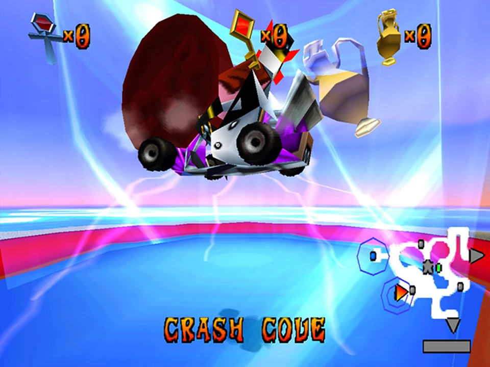 A kart hit by a bonus on the Crash Cove circuit in Crash Team Racing on PS1