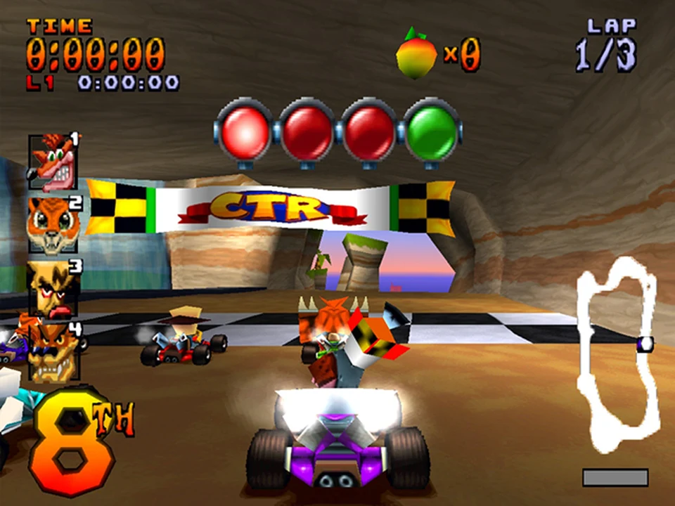 The start of a Crash Team Racing race with Crash at the wheel of his kart