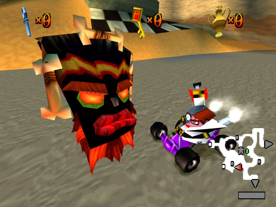 The Aku Aku mask protects a kart launched at full speed in Crash Team Racing on PS1