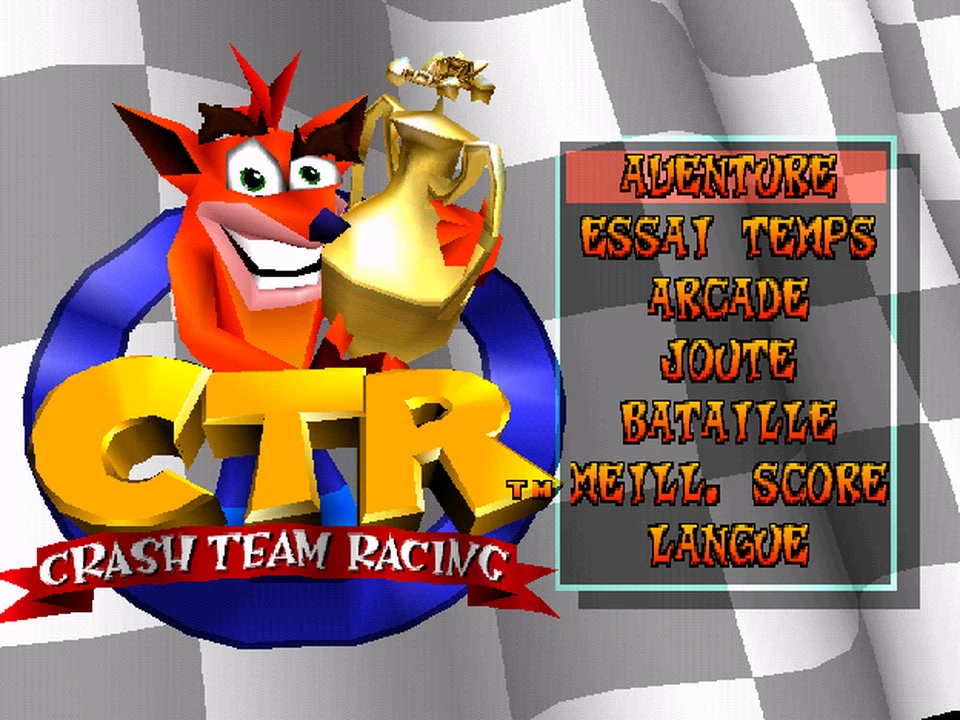 Main menu of Crash Team Racing in French with Crash and his trophy on PS1