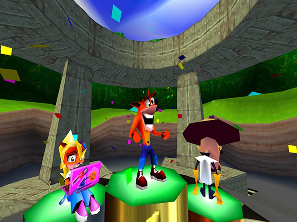 Crash and his friends gathered in the Adventure mode hub of Crash Team Racing
