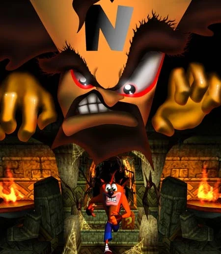Illustration of Dr. Neo Cortex dominating Crash in his castle, the first Crash Bandicoot